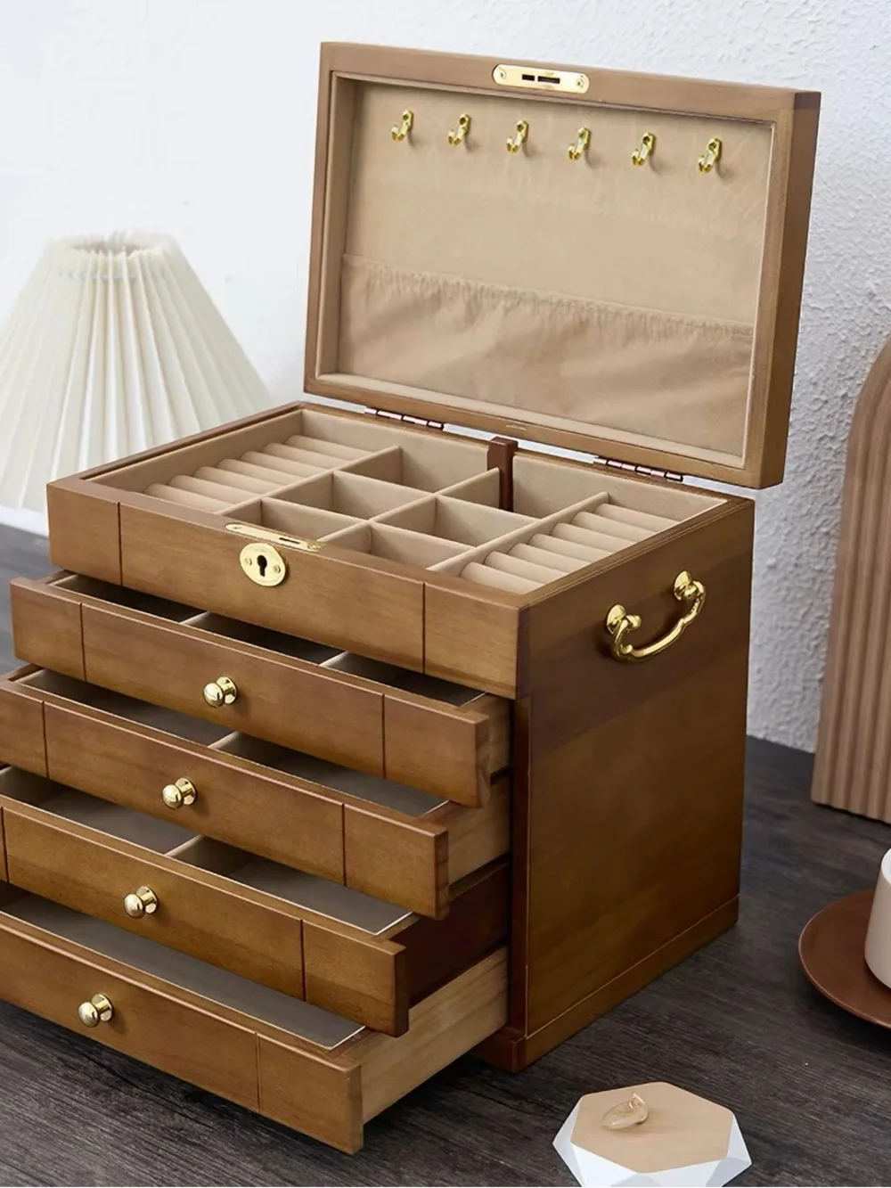 Wood Grain Jewelry Organizer Box with Gold Hardware - Brown